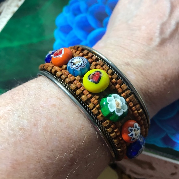 Millifore Murano Venetian glass vintage silver-tone bead cuff, cool, unique - Picture 3 of 7